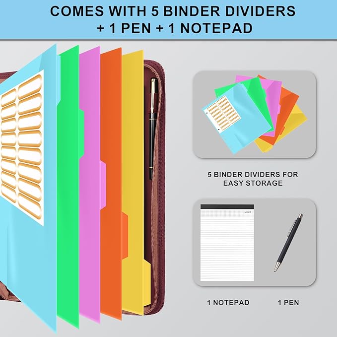 Eshow Portfolio Organizer - 3 Ring Binder with Zipper, Vegan Leather Business Padfolio Folder with Notepad Includes 5 Color Sheet Protectors for Documents Files for Men Women