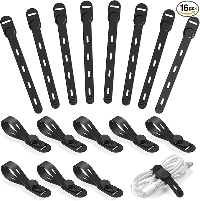 OneLeaf 16Pcs Adjustable Silicone Cable Ties, Reusable Cord Organizer for Desk Setup, PC, TV & Office Cubicle, Secure Soft Anti-Lost Cable Straps for Electronics - Black