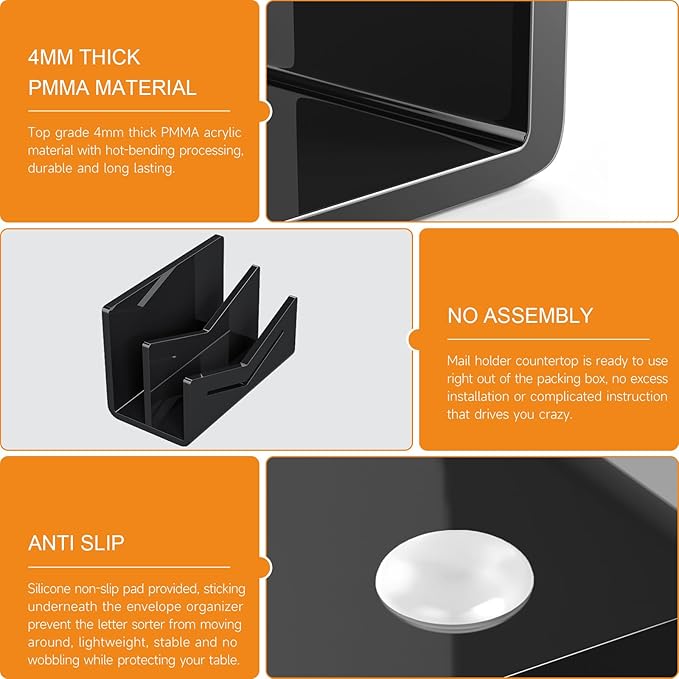 Beego Envelope and Mail Organizer Countertop - 2 Compartments Black Acrylic Desk Organizer Letter Holder Desktop File Sorter Bill Document Folder Rack for Office, Home, School Desk Organization