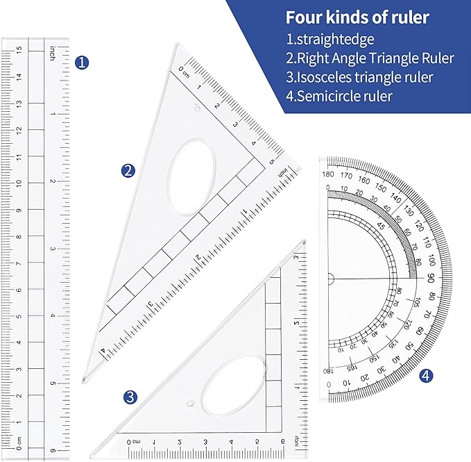Math Geometry Kit Sets 10 Piece Student Supplies with Shatterproof Storage Box,Includes Rulers,Protractor,Compass,Eraser,Pencil Sharpener,Lead Refills,Pencil,for Drafting and Drawings（Navy blue）