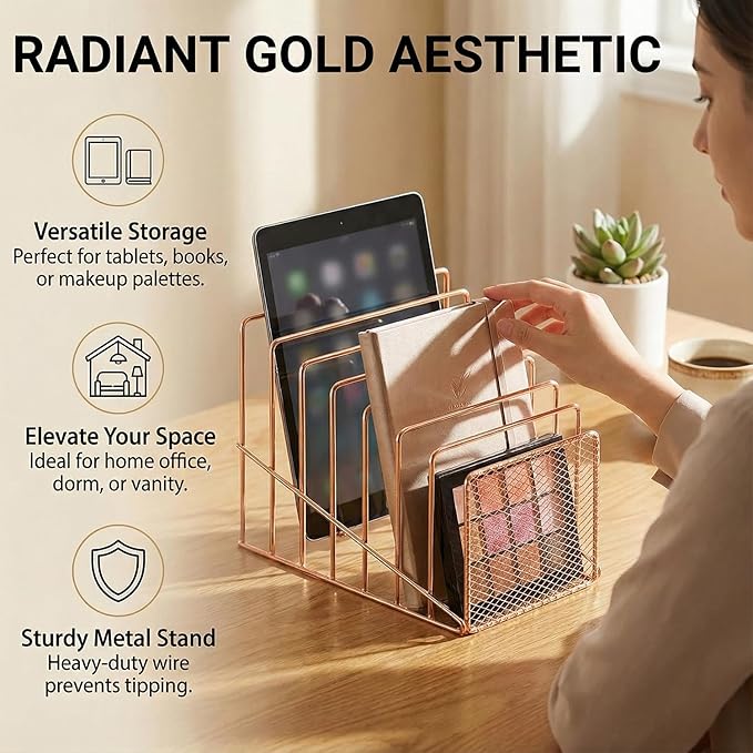 Simmer Stone 2 Pcs Incline File Sorter, 7 Slot Magazine Holder for Letter, Document, Folder and Book, Metal Desktop Organizer Rack for Home, School and Office (2-rose gold)