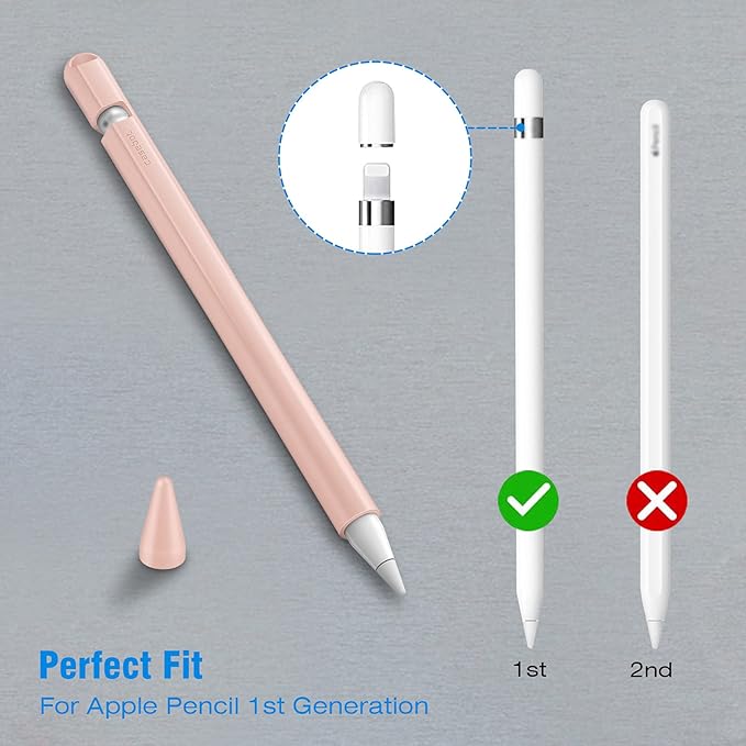 Fintie Silicone Sleeve Compatible with Apple Pencil 1st Generation, Ultra Light Pen Skin Case Cover Soft Protective Pencil Grip Holder with 2 Nib Covers & Cable Adapter Tether, Pink Sand