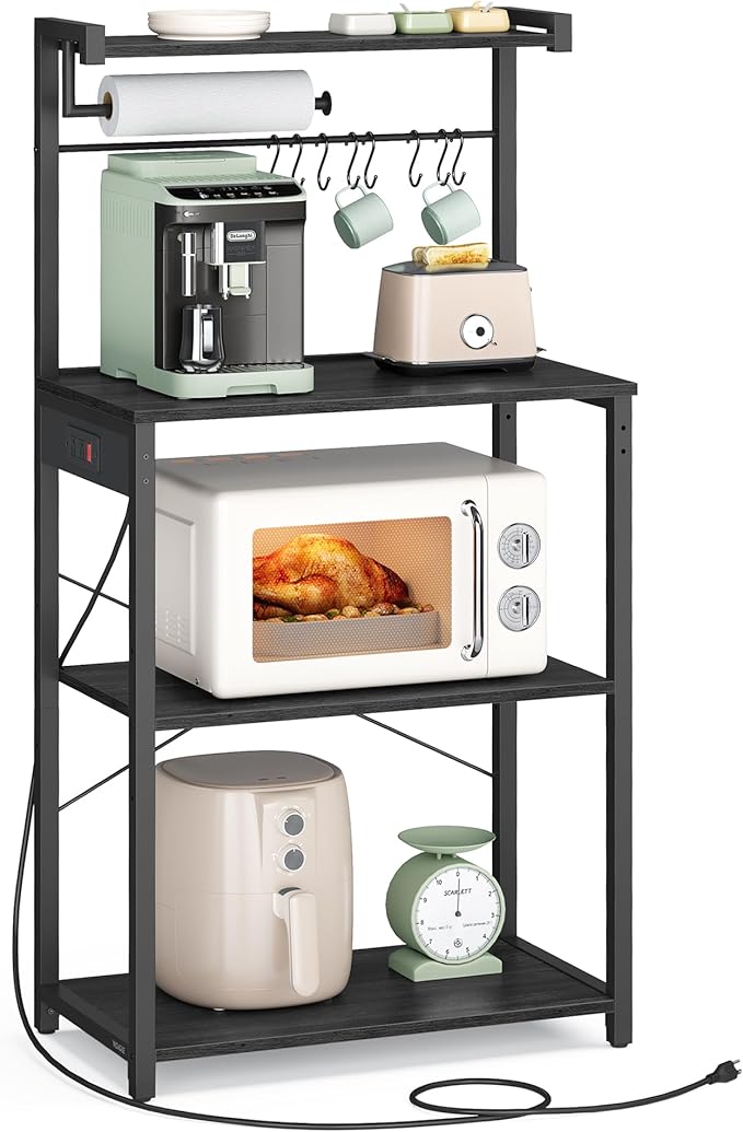 VASAGLE Kitchen Bakers Rack with Power Outlet, Coffee Bar 4-Tier with 8 S Hooks, Microwave Stand, Adjustable Shelf, for Small Spaces, Charcoal Gray and Ink Black UKKS014B01V1