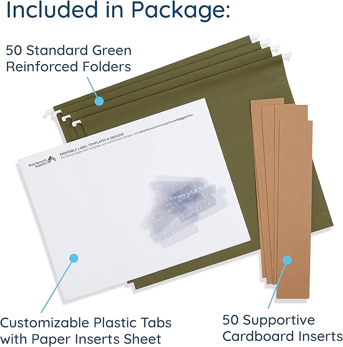 50 Extra Capacity Hanging File Folders, Heavy Duty Expanding Hang Folders with 2’’ Expansion, Standard Letter Size, Designed to Store Bulky Files, 50 Pack