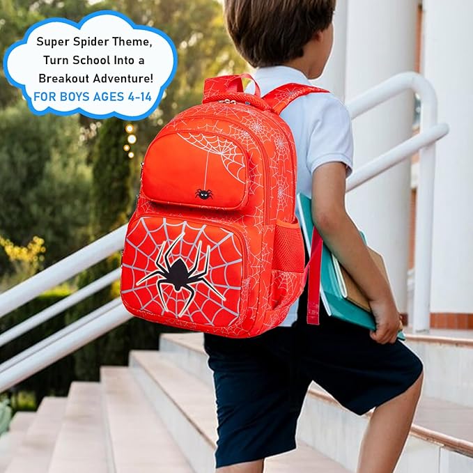Boys Backpack with Lunch Box Glow in Dark Bookbag Kids Ages 4-12 Kindergarten Elementary Middle School Spider Backpack, Luminous Spider Red
