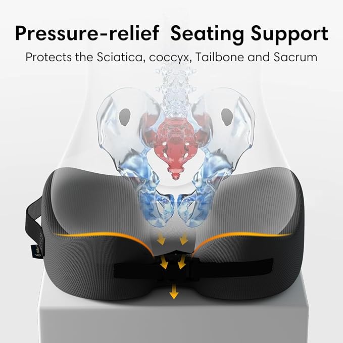 Large Memory Foam Seat Cushion for Office Chair, Car, Desk, Truck & Wheelchair - Tailbone, Coccyx & Sciatica Pain Relief Pillow - Ergonomic Back Support Portable Pad for Long Sitting & Driving