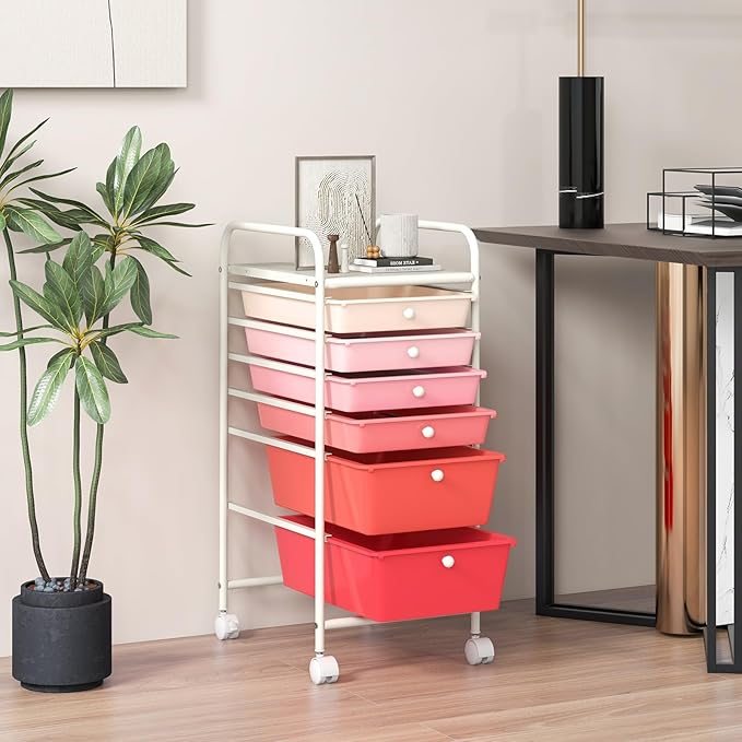 COSTWAY 6-Drawer Rolling Storage Cart, Multifunctional Art Craft Tools Organizer on Wheels, Heavy Duty Utility Mobile Storage Trolley w/ 2 Lockable Wheels for Home Office School, Mixed Pink