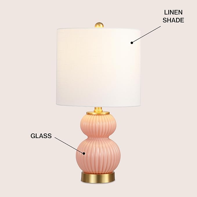 JONATHAN Y 20" Pink/Brass Gold Ribbed Gourd Glass Table Lamp, Modern Bedside Lamp for Bedroom Living Room, White Linen Drum Shade, LED Bulb Included (JYL1099B)