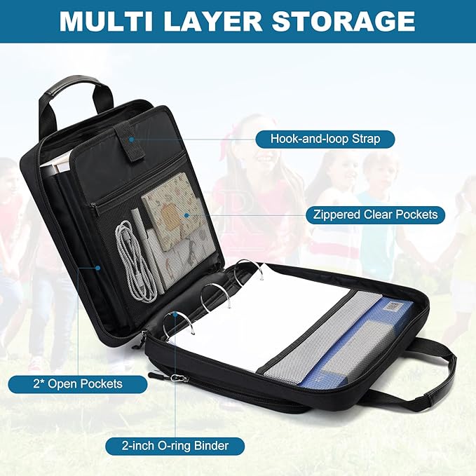 Zipper Binder with Shoulder Strap,3 Ring 2 inch Binder with Zipper, Office Binder Organizer,500 Sheet Capacity (Black)