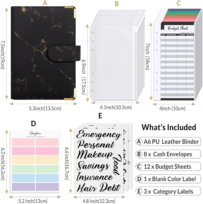 SKYDUE Budget Binder, Money Saving Binder with Zipper Envelopes, Cash Envelopes and Expense Budget Sheets for Budgeting (Mabble)