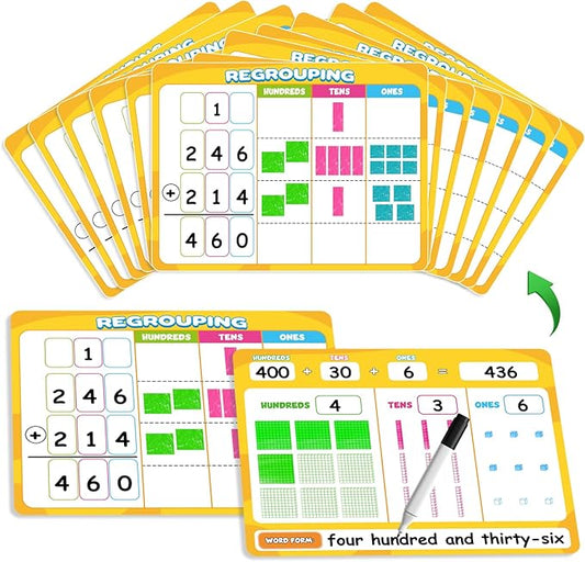 12 Packs Dry Erase Place Value Chart, Math Games for Kids Addition and Subtraction Flash Cards, White Board Math Manipulatives 1st 2nd 3rd Grade Teacher Classroom Must Haves Homeschool Supplie