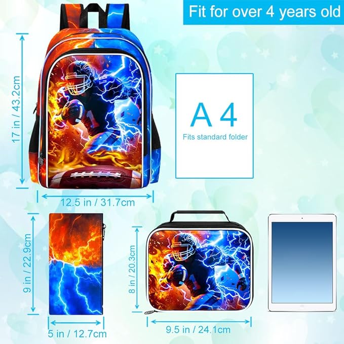 gxtvo 3PCS Rugby School Backpack for Boys, 17" Kids Bookbag with Lunch Box, Water Resistant Middle Elementary - Fire & Lightning Rugby Player
