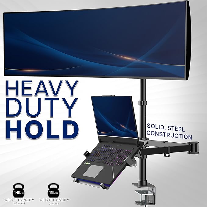 VIVO Ultrawide Monitor + Laptop Mount for up to 49 inch Screens and 10 to 15.6 inch Laptops, Double Screen Viewing, Smooth Articulation, Black, STAND-V113L