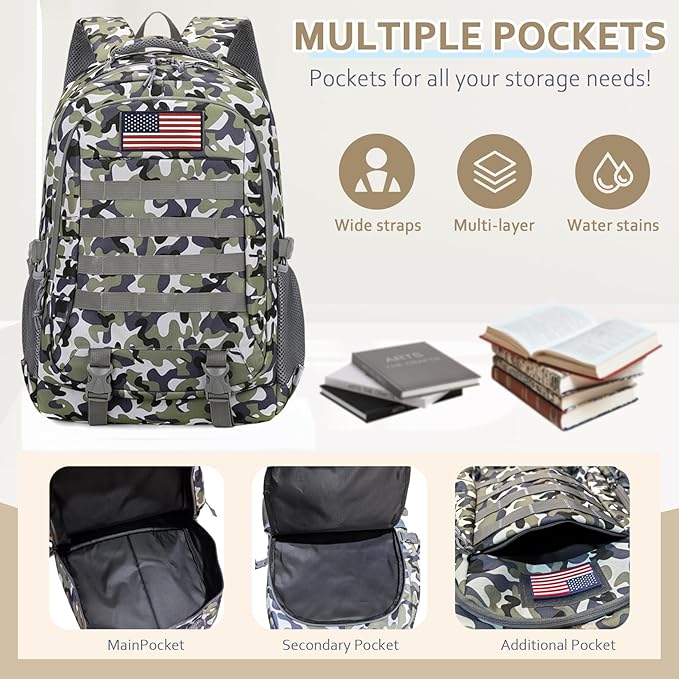 Camo Backpack for Boys 3 in 1 Set, 19 Inch 55L Tactical Bookbag with Lunch Box Pencil Case, Molle System School Backpack for Elementary Middle High School, Outdoor Camping Hiking Travel for Kids Teens