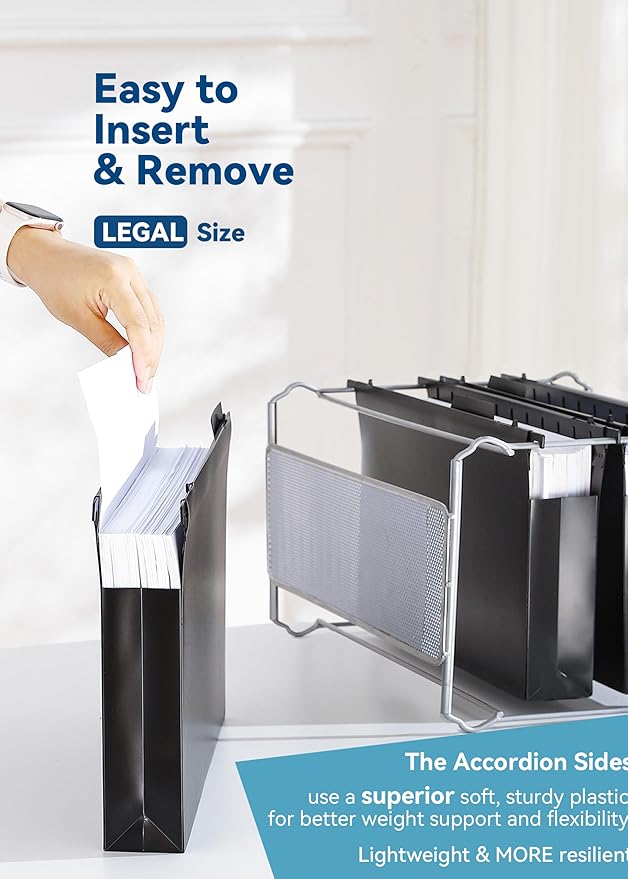 Plastic Extra Capacity Legal Size Hanging File Folders, 2" Expanding Pocket, Heavy Duty for Filing Cabinet, Insertable 1/5-Cut Tabs - 12 Pack