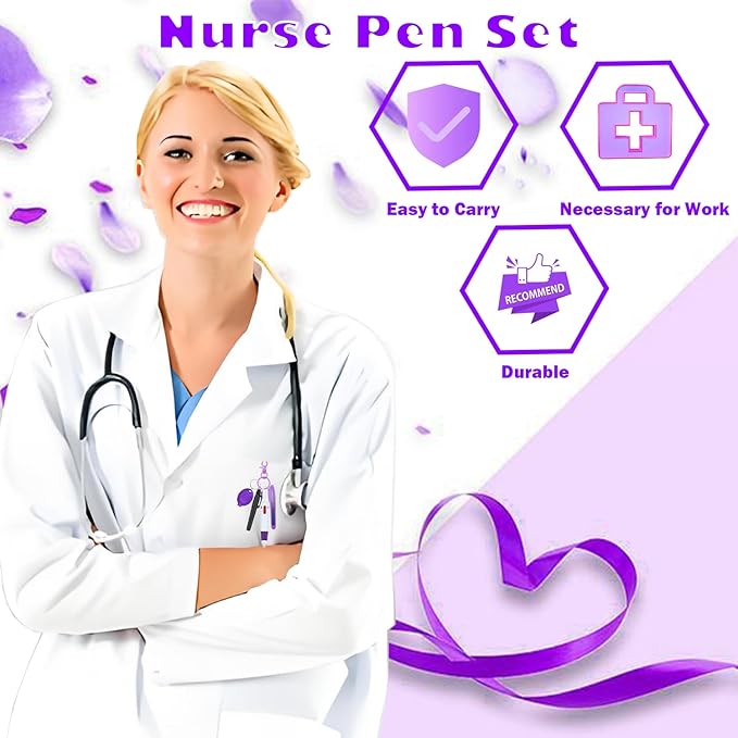 Nurse Pen Set, Badge Reel Pen Include Highlighter, Permanent Marker, LED Keychain Flashlight, Ballpoint Pen, and Nursing Keychain Clip (Purple)