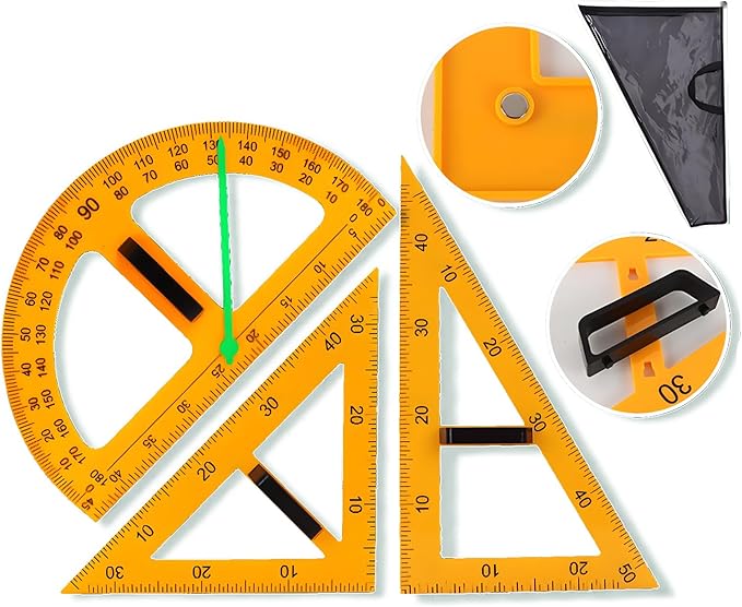 Magnetic Teaching Ruler Set with Multi-Functional Geometry Tools Durable ABS Plastic for Whiteboard Classroom Projects Student Teacher Math Supplies (Yellow 3pcs)