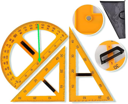 Magnetic Teaching Ruler Set with Multi-Functional Geometry Tools Durable ABS Plastic for Whiteboard Classroom Projects Student Teacher Math Supplies (Yellow 3pcs)