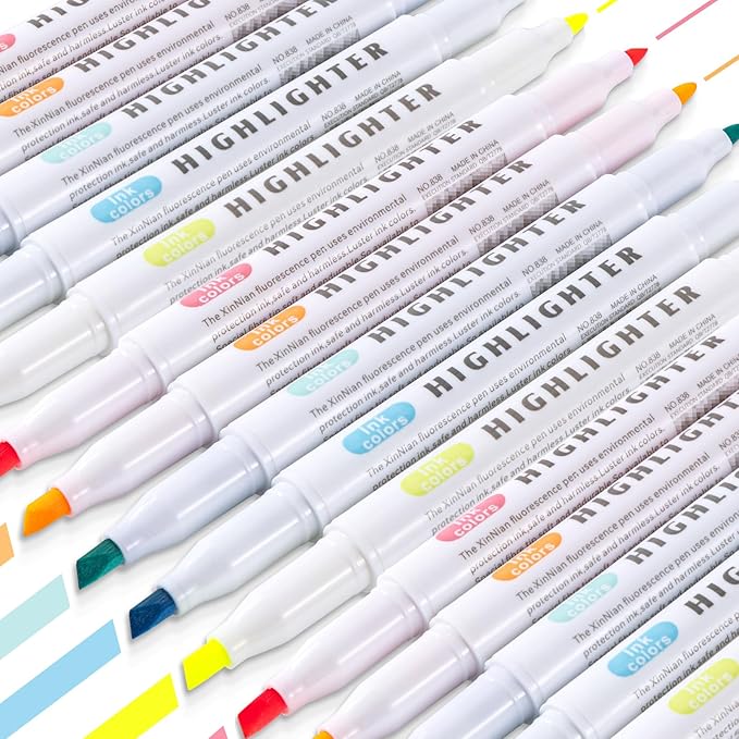 ZWlOT 30 Count Dual-Tip Highlighter Marker Set, Highlighters Assorted Colors, Quick-Drying Dual-Tip Fine-Point Highlighter Pen, Non-Bleeding Ink, Ideal for Bible Journals, Books and Notes (5 colors)