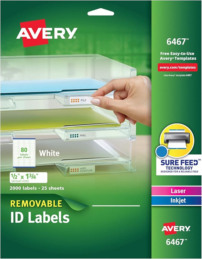 Avery Removable ID Labels, Sure Feed Technology, 0.5" x 1.75", 5 Packs (6467)