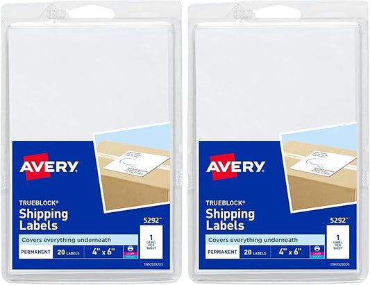 Avery Printable Shipping Labels, 4" x 6", White, 20 Blank Address Labels (05292) (Pack of 2)