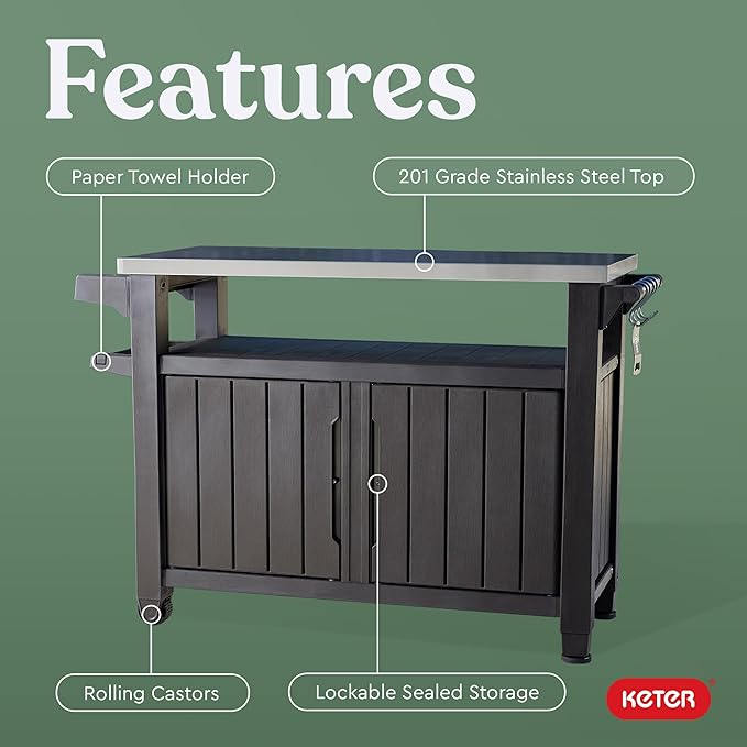 Keter Outdoor Rolling Table Cart for Food Prep, Storage, Bar & Grill, Dark Brown - Portable Kitchen Island Tabletop with Wheels for Drinks, Snacks, and Cooking