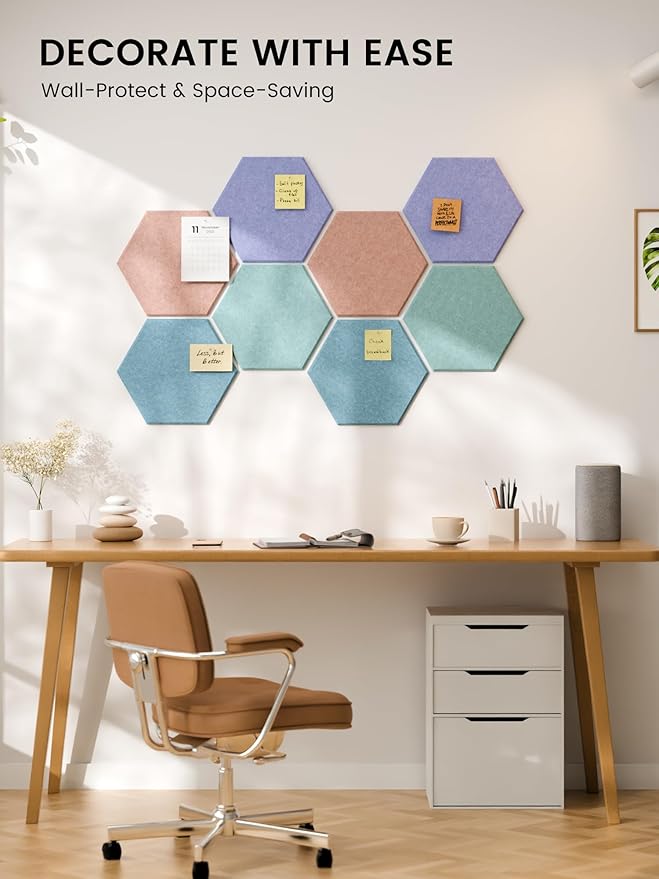 Fluxynara Hexagon Cork Board Alternative for Walls Decor-8-Pack Felt Bulletin Board Tiles,with 30 Pushpins,50 Adhesive Tabs for Office& Home Pin Board Felt Board-Coastal Haze