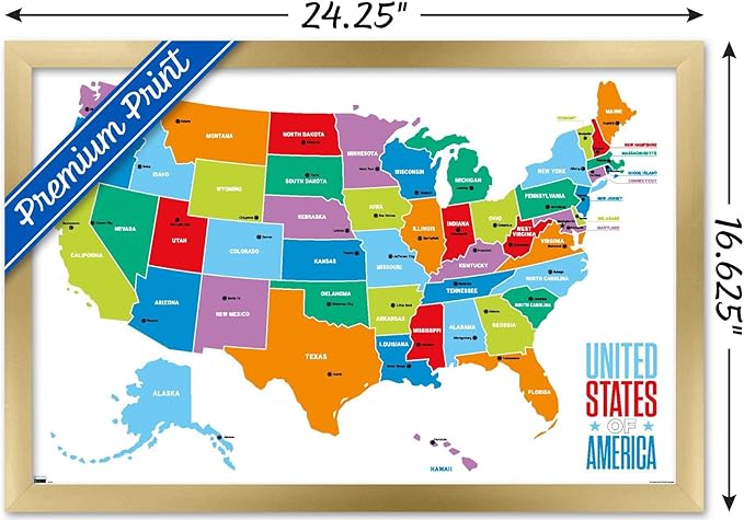 Trends International Map - United States Of America 2022 Wall Poster, 14.725" x 22.375", Gold Framed Version