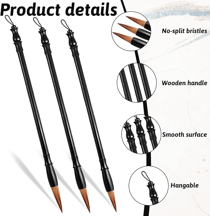 3 Pcs Calligraphy Brush Pens Chinese Sumi Maobi Traditional Wooden Calligraphy Brushes Kanji Art Brushes for Beginner Kanji Ink Painting (3 Sizes)