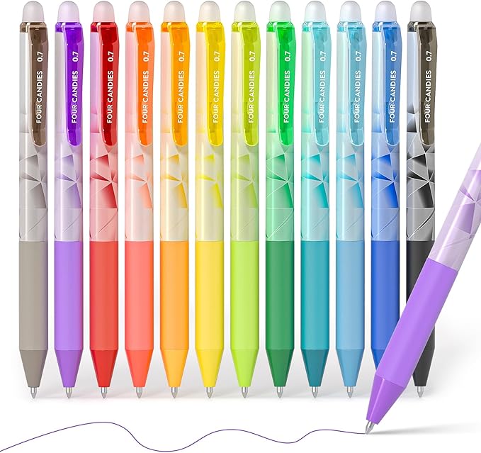 Four Candies 0.7mm Erasable Gel Pens, Make Mistakes Disappear Colored Pens, 12 Colors Retractable Fine Point Erasable Pens for Writing, Drawing, Planner & School Supplies