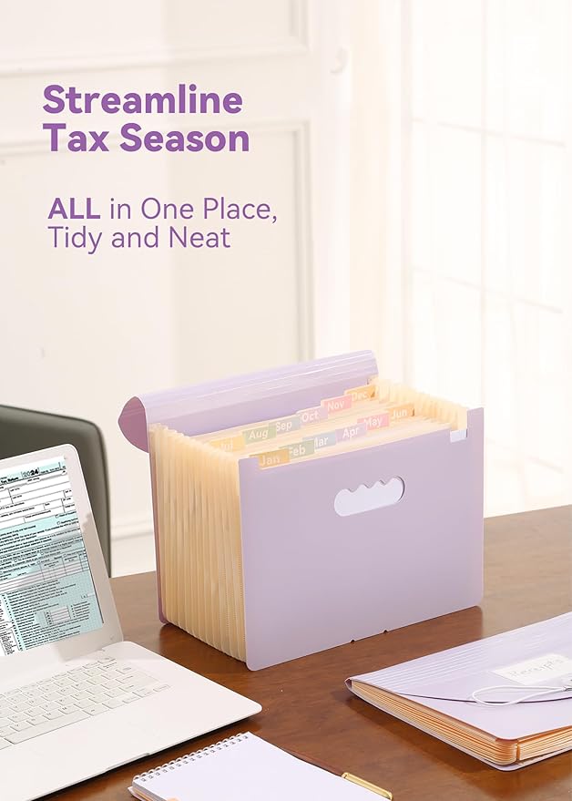 Accordion File Organizer 12 Pockets, Monthly Bill Receipt Tax Organizer, Expanding File Folders with Larger Bright Tabs, Fits Letter/A4 Size - Black - Purple