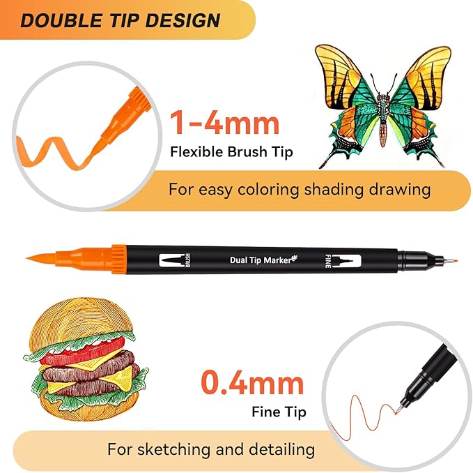 Dual Markers Brush Pens for Adult Coloring Books, 168 Colors Art Marker Set with Fine & Brush Tip Pen for Bullet Journaling, Coloring, Drawing, Hand Lettering, Calligraphy, Art Supplies