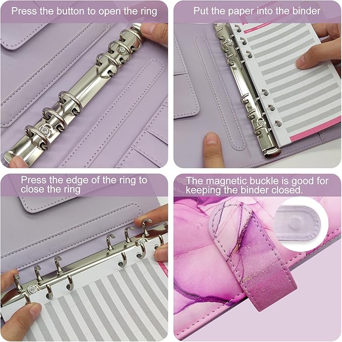 A5 Refillable 6 Ring Faux Leather Budget Binder,Mini Notebook Binder Cover for A5 Filler Paper,Loose Leaf Personal Planner Cover with Magnetic Buckle Closure(Marble Purple)