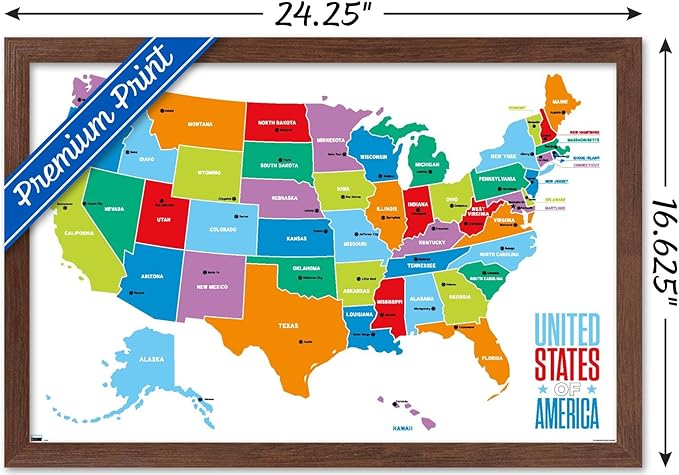 Trends International Map - United States Of America 2022 Wall Poster, 14.725" x 22.375", Mahogany Framed Version