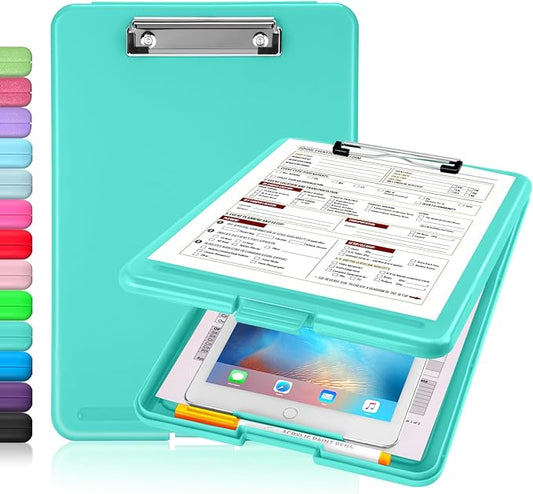 Sooez Clipboard with Storage, Plastic Storage Clipboards with Low Profile Clip, Nursing Clip Boards Foldable, Hanging Clipboard Case for Work, Teacher, Classroom Must Haves, Office School Supplies