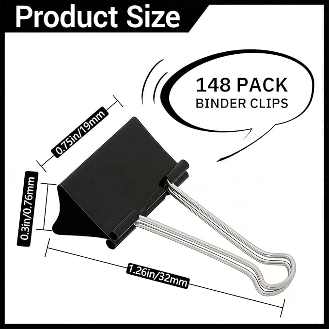 148Pcs Small Binder Clips Black, 0.75 in/19mm Mini Binder Paper Clips Office Clips Office Supplies Desk, 3/4 Inch Cute Binder Clips, Small Paper Clamps for Home School Business (Black)