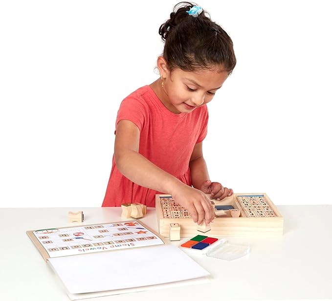 Melissa & Doug Deluxe Letters and Numbers Wooden Stamp Set ABCs 123s With Activity Book, 4-Color Stamp Pad - FSC Certified