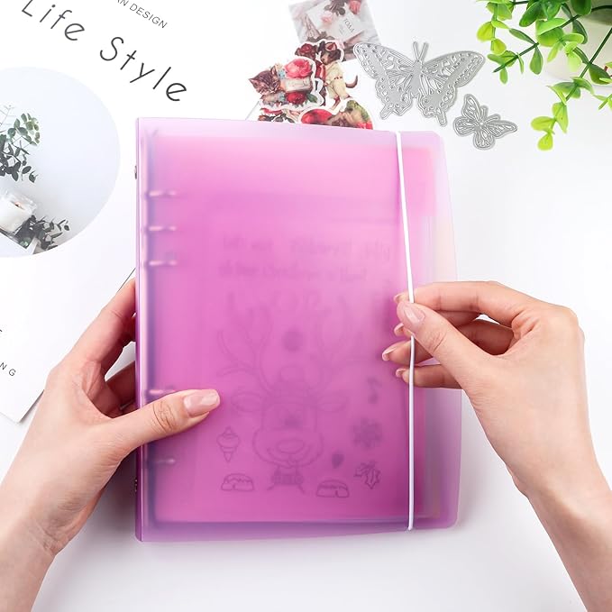 BAOFALI 2Pcs/Set A5 6 Ring Binder Cover Clean Transparent Soft PVC for Refillable Notebook Shell withMatte surfaceforStamp & Die Storage (Purple)