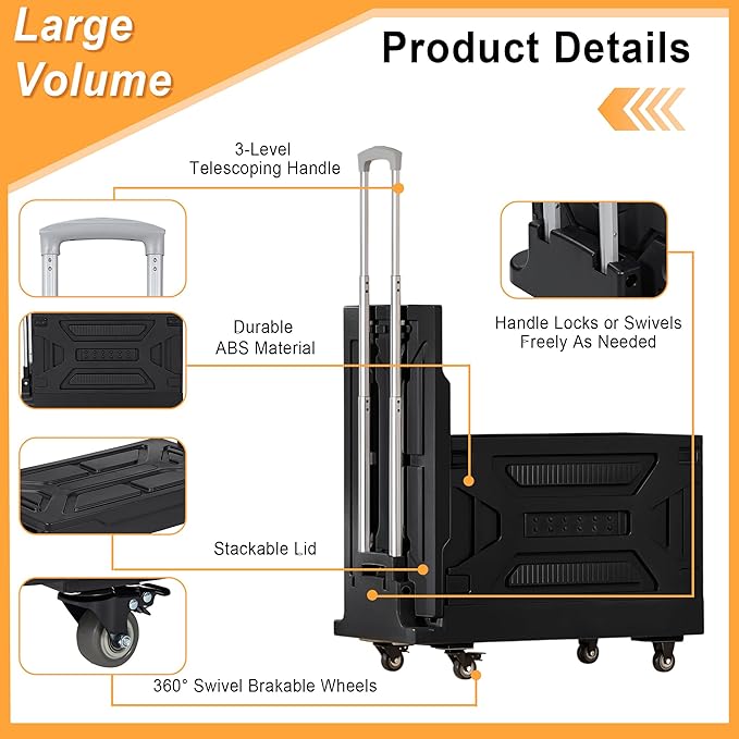 VECELO Foldable Shopping Cart with Wheels, Collapsible Rolling Crate for Groceries, Folding Storage Box with Handle, Three Modes of Use, Ideal for Teacher, Trip, Outdoors, Etc., 23GAL,Black
