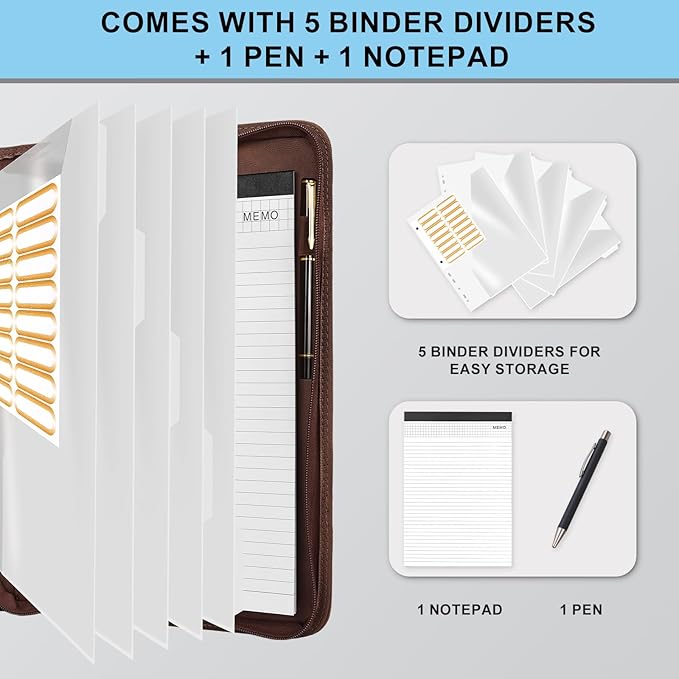 Eshow Portfolio Organizer - 3 Ring Binder with Zipper, Vegan Leather Business Padfolio Folder with Notepad Includes 5 Clear Sheet Protectors for Documents Files for Men Women
