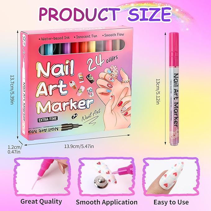 24 Colors Nail Art Pens Set，0.5 MM Nail Polish Pens Set Drawing Painting Point Liner Acrylic Painted Pen Graffiti Nail Dotting Pen Liner Brush for DIY Nail Art Beauty Adorn Manicure Tools