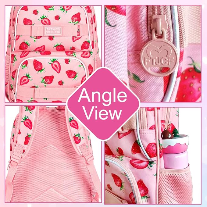 3PCS Backpack for Girls, 17" Water Resistant School Bag with Lunch Box, Cute Strawberry Bookbag Set for Women College Teenagers High Middle Elementary