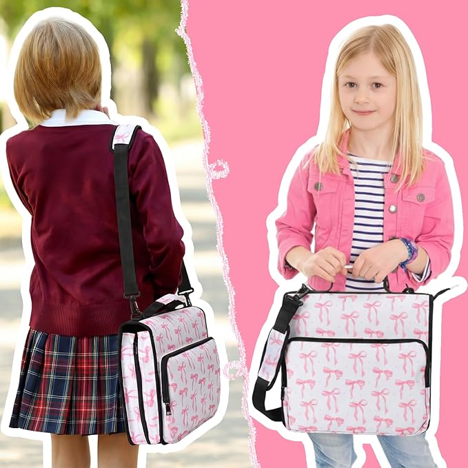 4 Pcs Pink Bow Coquette Zipper Binder with Pouch Bag Set 1.5 Inch 3-Ring Expanding Folders with Shoulder Straps and Handle Bowknot Keeper Watercolor Zipper Case for Office