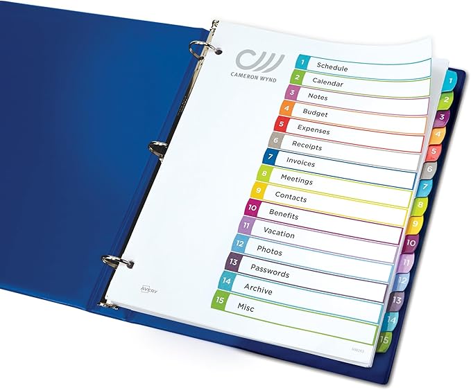 Avery Dividers for 3 Ring Binders, 15 Tabs per Set, Customizable Table of Contents, Multicolor Arched Tabs, Great for Organizing Reports, Projects, and More (11845)