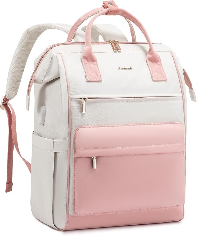LOVEVOOK Laptop Backpack for Women, 17 Inch Work Teacher Nurse Bag, Large Capacity Business Computer Backpack Purse with USB Port, Stylish Casual Daypack for Travel,Beige&Pink