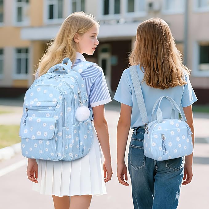 Bevalsa Backpack for Gilrs, 3PCS Corduroy Kids Backpack Set with Lunch Box & Pencil Pouch, Bookbag Daypack Laptop Bag for Women Teens Elementary Middle High School