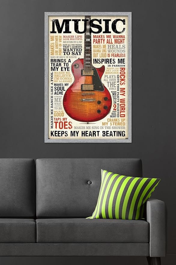 Music Inspires Me Wall Poster, 34L" x 22.4W", Gray Framed Version