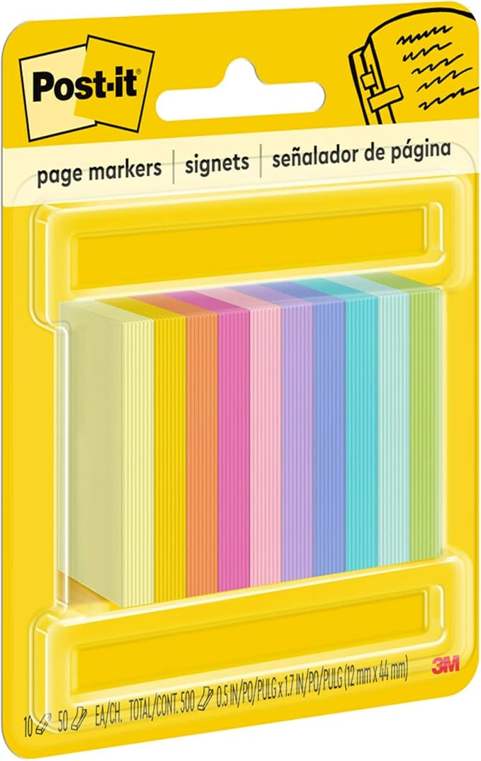 Post-it Page Markers, Assorted Bright Colors, 1/2 x 2-Inches, 50-Markers/Pad, 10-Pads/Pack, 2-Pack