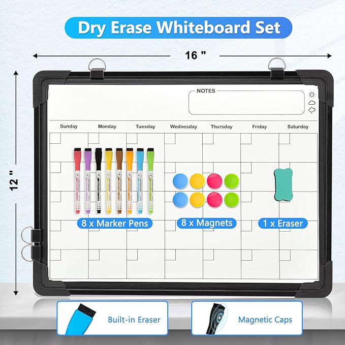 Small Calendar Dry Erase Whiteboard for Wall, 16" x 12" Magnetic Dry Erase Board, Double-Sided Hanging Monthly White Board Calendar for Drawing, Kitchen, Planning, Memo, Home, Office（ Black）