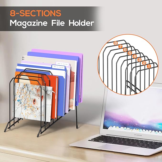 Incline Metal Desk Magazine Folder Holder, Sorter Desk File Organizer with 8-Section Vertical Compartments Rack File Organizer for Office, Home, School (2 Pack)